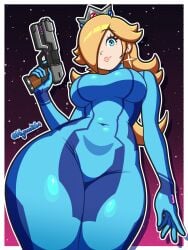 1girls big_breasts blue_bodysuit blue_eyes bodysuit breasts clothing cosplay crown ear_piercing earrings female female_only gun hair_over_one_eye headwear hips holding_object holding_weapon lips mario_(series) metroid nintendo nyazuliart parted_lips princess_rosalina solo solo_female star_earrings thick_thighs thighs tight_clothing weapon wide_hips zero_suit zero_suit_samus_(cosplay)