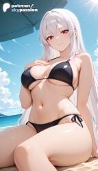 1girls 2026 ai_assisted ai_generated anime artist_name beach beach_umbrella big_breasts bikini black_bikini blue_sky breasts bust busty chained_soldier cloud explicit hi_res high_quality high_resolution highres large_breasts long_hair looking_at_viewer mato_seihei_no_slave navel patreon patreon_username red_eyes side-tie_bikini sky skypassion solo stable_diffusion swimsuit uzen_kyouka very_long_hair watermark