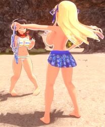 2girls 3d_(artwork) asuka_(senran_kagura) barefoot beach black_hair blonde_hair breasts exhibitionism feet female female_only katsuragi_(senran_kagura) light-skinned_female light_skin long_hair luminaryofages senran_kagura skirt striped_bikini swimsuit topless