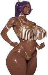 1girls ass beuto big_ass big_breasts bleach dark-skinned_female dark_skin earrings eyeshadow gold_eyes gold_eyeshadow gold_jewelry gold_lipstick hoop_earrings huge_breasts lipstick looking_at_viewer ponytail purple_hair shihouin_yoruichi shiny_skin solo solo_female thick thick_ass thick_thighs thighs yellow_body