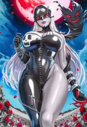 1girls ai_generated bodysuit chains claws cleavage demon demon_girl digimon digimon_adventure evil_grin female female_only from_below gloves hi_res huge_breasts ladydevimon looking_at_viewer mask masked_female moon night night_sky purple_lips red_eyes roses silver_hair smirk stitches thick_lips vermadis2x voluptuous voluptuous_female white_hair wide_hips