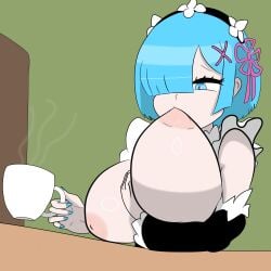big_breasts blue_eyes blue_hair grabbing_own_breast huge_breasts maid maid_outfit proximal_sketch re:zero_kara_hajimeru_isekai_seikatsu rem_(re:zero) self_breast_sucking sucking_breasts_meme sucking_nipples sucking_own_breasts