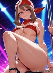 1boy 2025 ai_generated arm_support ass bandana bangs bare_arms bare_shoulders bikini black_footwear blue_eyes blush breasts brown_hair bulge buttocks cleavage closed_mouth covered_nipples erection_under_clothes eye_contact eyelashes female female_focus flushed hair_between_eyes half-closed_eyes hi_res highres huge_breasts knee_up large_breasts looking_at_viewer male may_(pokemon) medium_hair motion_lines naughty_face neutral_expression nintendo patreon patreon_username pokemon pole pole_dancing red_bandana red_bikini rognezart seductive_smile sitting skindentation smile smiling solo_focus straight sweat sweaty swimsuit thick_thighs thighs underboob