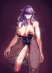 1futa asahina_mafuyu big_areola big_balls big_breasts big_penis blank_stare bunnysuit crouching dark_background futa_only futanari hand_on_knee huge_breasts huge_cock huge_penis large_breasts large_cock large_penis light-skinned_futa light_skin looking_at_viewer new_dawn_art pantyhose project_sekai purple_eyes purple_hair raised_eyebrows solo tall_futa veiny_penis
