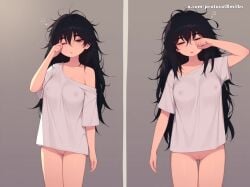 ai_generated bags_under_eyes bangs black_hair bottomless breasts cleft_of_venus closed_eyes collarbone covered_nipples cowboy_shot cute embarrassed female grey_background hair_between_eyes incest long_hair looking_at_viewer medium_breasts messy_hair morning multiple_views naked_shirt nipples no_panties off_shoulder one_eye_closed parted_lips protocolxmilks pussy rubbing_eyes see-through shirt short_sleeves simple_background, single_bare_shoulder sister sleeping sleepy t-shirt transparent_clothing uncensored waifu waking_up white_shirt