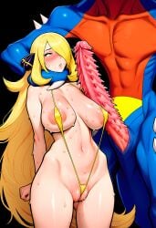 ai_generated areolae aroused barbed_penis blonde_hair choking clawed_fingers cynthia_(pokemon) garchomp hip_dips huge_breasts huge_cock imminent_rape imminent_sex lizard long_hair milf monster_cock nipples novelai pokemon pokemon_(species) pokemon_dppt pokephilia pussy_lips pussy_wedgie sagging_breasts size_difference sling_bikini slingshot_swimsuit sweaty