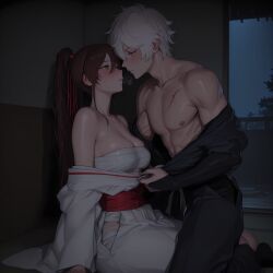 1boy abs ai_generated bandage bare_shoulders blush brown_eyes brown_hair cheating cheating_husband cleavage couple dark_hair female fundoshi gabimaru gabrail jigokuraku kimono long_hair muscular muscular_male ninja on_floor panting ponytail scar short_hair sweat undressing white_hair yamada_asaemon_sagiri yellow_eyes