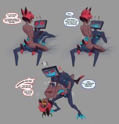 alastor_(hazbin_hotel) animal_ears anthro aroused aroused_face aroused_smile ass balls blush bodily_fluids claws cum cum_inside deer demon drooling duo ejaculation electronics english_text erection fluffy fluffy_ears fluffy_tail gay gay_male genital_fluids genitals grinding grinding_on_penis hazbin_hotel hellaverse hi_res hooves horn horned_humanoid humanoid leg_grab male male/male mammal nipples nude penetration penile penile_penetration ranksauce red_eyes saliva scar sex sharp_teeth sweat sweatdrop tail teeth television text thigh_grab vox_(hazbin_hotel) yaoi