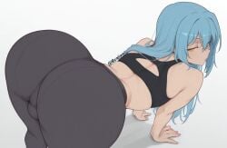 1boy 1femboy ai_assisted ai_generated all_fours ass_focus ass_up bent_over big_ass bratinni bulge femboy from_behind half-closed_eyes huge_ass looking_back otoko_no_ko pantylines rimuru_tempest simple_background solo sportswear stretching tensei_shitara_slime_datta_ken thick_thighs thighs yoga_pants