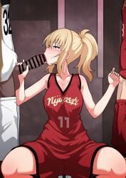 1girls 2boys basketball_uniform betrayal big_breasts big_penis big_penis_adoration blonde_hair blowjob blush breasts censored changing_room dark-skinned_male dark_skin erect_penis erection fellatio handjob hanzawa821 indoors light-skinned_female light-skinned_male light_skin love_live! love_live!_nijigasaki_high_school_idol_club miyashita_ai mmf_threesome nose_blush penis_size_difference ponytail small_penis small_penis_humiliation textless threesome two-finger_handjob yellow_eyes