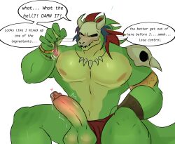 bara blush cock english_text green_skin horns huge_balls huge_cock leaking_cum leaking_precum lizard male male_only mask masked masked_male muscular muscular_arms muscular_chest muscular_male nipples potion shiny_skin sitting skull skull_head terraria text witch_doctor_(terraria)