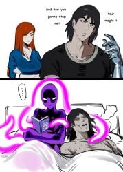 alien alien_girl angry angry_expression angry_eyes angry_face angry_female anodite ben_10 ben_10_alien_force boyfriend-girlfriend canon_couple clothed clothed_female clothed_male couple couple_(romantic) green_eyes guy_tired_after_sex_(meme) gwen_tennyson humor instant_loss_2koma kevin_levin kurenaiz1 orange_hair reading reading_book simple_background sweat sweatdrop white_background