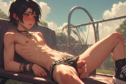 1boy ai_generated balls ballsack black_hair bracelets cock cute emo femboy gay male_focus male_only necklace nipples outdoors outside penis shoes white_cock white_penis yaoi