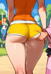 1boy 2girls after_sex after_vaginal ai_generated ass ass_focus ass_grab comic cum cum_drip cum_in_pussy cum_inside dolphin_shorts english_text female grabbing grabbing_ass grabbing_from_behind groping groping_ass groping_from_behind huge_ass kozuki_momonosuke large_ass leaking_cum male nami_(one_piece) one_piece pussy_peek rebecca_(one_piece) short_shorts shorts shorts_aside text underbutt yumerush