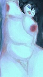 bbw big_breasts black_hair blue_eyes dark_nipples fat_female fat_woman flirting_look ibispaint_(artwork) ibispaintx laying_on_bed mole_on_breast nipples original_character pale-skinned_female puddinpuddgi pudgi(character) pudgi420 pussy_hair smiling_at_viewer stylized supersludge