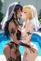 2girls ai_generated black_fingernails black_hair black_swimsuit blonde_hair blue_eyes bridal_veil closed_eyes female_only honeymoon kissing long_hair married_couple piercing plants pool romantic_couple short_hair sunny tan_skin tattoo tattoo_on_legs tattoo_on_neck tattooed_arm thighhighs topless_female water wet_body white_panties wife_and_wife yuri