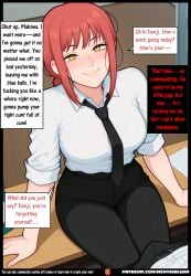 after_work ai_generated alluring arousal authoritative bangs big_ass big_breasts big_nipples black_jacket black_necktie black_pants blue_balls blush boss braid brat_taming bratty breasts_focus business_suit chainsaw_man cleavage collared_shirt commanding commanding_tone controlling curvy defiance denial denji desk detailed_background detailed_face dialogue dirty_talk dominant_female dominatrix edging erect_nipples eyeliner female femdom forgetting_yourself formal_attire glowing_eyes good_boy hand_on_hip hentblush highres hourglass_figure huge_breasts hypnotic_eyes implied_male implied_sex indoors inner_thoughts large_areolae leaning_forward legs_crossed lipstick long_hair looking_at_viewer makeup makima_(chainsaw_man) male_pov massive_breasts mature_female multiple_views necktie nipples_visible_through_clothing office office_lady on_desk open_shirt parted_lips partially_unbuttoned petplay post_sex pov pov_male power_bottom punishment pup puppy_play rebellion red_hair role_reversal seductive_smile shut_up sideboob single_braid sitting smile solo speech_bubble submissive_male sweat sweatdrop switch teasing text thick_ass thick_thighs thought_bubble turned_on underboob very_large_breasts white_shirt wide_hips workplace yellow_eyes