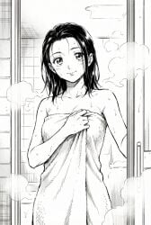 1girls ai_generated blue_eyes cute dark female hair jujutsu_kaisen jujutsu_kaisen_modulo shower smiling_at_viewer towel wet yuka_okkotsu