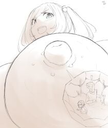 anon anonymous_male breast_vore edogts evil_smile giantess inside_breasts internal_view macro micro milk_ducts nipple_vore shrunken_female shrunken_male smug trapped_in_breasts vore
