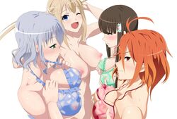 4girls amagi_brilliant_park bikini blonde_hair blue_eyes blue_hair blush breasts brown_eyes brown_hair female female_only green_eyes hime_cut koborii_(amaburi) long_hair multiple_girls muse_(amaburi) red_eyes red_hair salama_(amaburi) short_hair sylphy_(amaburi)