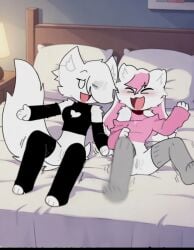 2girls ai ai_generated arctic_fox arctic_fox_girl arm_warmers bed black_top bunny bunny_girl fox fox_girl furries furry grok_(x) kit_community kit_community_v2 laugh laughing leg_warmers makiko_fox mika_kit millychan_bunny pink_top pussy top topwear vagina