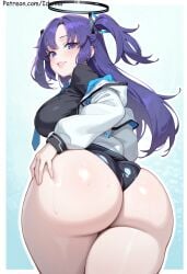 1girl ai_generated ass ass_focus bangs blue_archive blue_eyes blush breasts from_behind halo huge_ass iduniar jacket large_breasts long_hair looking_at_viewer looking_back necktie open_clothes open_jacket purple_eyes purple_hair shiny shirt smile solo sweat thick_thighs thighs two_side_up white_jacket yuuka_(blue_archive)