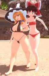 2girls 3d_(artwork) barefoot beach black_hair blonde_hair breasts feet female female_only hair_ribbon hakurei_reimu kirisame_marisa light-skinned_female light_skin luminaryofages marisa_kirisame reimu_hakurei swimsuit touhou witch_hat