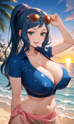 ai_generated blue_eyes blue_hair breasts cleavage cosplay crop_top crossover female female_only gundam_build_fighters huge_breasts iori_rinko midriff milf navel nico_robin nico_robin_(cosplay) no_bra no_panties no_underwear one_piece onee-chan pixai sarong solo sunglasses sunglasses_on_head tagme
