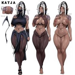 abs barefoot black_hair black_mask black_sandals blue_eyeshadow breasts censored character_name closed_mouth collarbone completely_nude dark-skinned_female dark_elf dark_skin earrings elf english_commentary eyeshadow female female_only hand_on_own_chest height highres jewelry katja_(nephlite) large_breasts long_hair makeup mask mosaic_censoring mouth_mask multicolored_hair navel nephlite nipples nude original pointy_ears ponytail pussy sandals shoulder_tattoo sickle streaked_hair tattoo thigh_gap weapon weight white_hair yellow_eyes