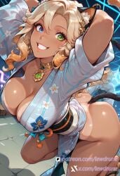 ai_generated anime blonde_hair cat_ears cat_tail dark-skinned_female dutch_angle excited female genshin_impact grin gyaru heterochromia illustration jumping large_breasts lewdrune long_hair multiple_girls solo tan tanned_skin xilonen_(genshin_impact)