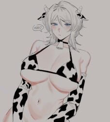 ? arms_by_side artukolatte belly big_breasts blue_eyes busty busty_female cow_ears cow_girl cow_horns cow_print cow_print_armwear cow_print_bikini cute cute_face expressionless faust_(limbus_company) faust_(project_moon) female female_focus female_only hips limbus_company looking looking_at_viewer massive_breasts moo oppai project_moon sexy sexy_female short_hair slim_waist solo solo_female solo_focus staring staring_at_viewer tummy underboob waist