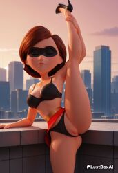 1girls ai_generated arm_support artist_name black_bra black_footwear black_panties bra breasts brown_hair building city cityscape cleft_of_venus closed_eyes closed_mouth clothing_aside disney elastigirl facing_viewer female helen_parr hi_res high_heels kneepits leg_lift leg_up lustboxai mask medium_breasts miniskirt one_eye_closed outdoors panties panties_aside pixar pussy red_skirt short_hair skirt sky skyscraper solo split standing standing_on_one_leg standing_split superhero superheroine the_incredibles the_incredibles_2 thighs uncensored underwear
