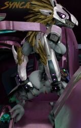 2023 3_fingers 3_toes 3d_(artwork) alien anthro anus armor ass avian bottomless breasts clothed clothing digital_media_(artwork) digitigrade energy_weapon feather_hair feathered_crest feathers feet female fingers genitals grey_body halo_(series) hand_on_butt head_crest kig-yar kneeling looking_back microsoft mostly_nude nipples non-mammal_breasts plasma_pistol pseudo_hair ranged_weapon rear_view scalie short_tail side_boob solo spread_butt spreading synca t'vaoan tail toes vulva weapon xbox_game_studios yellow_body yellow_feathers