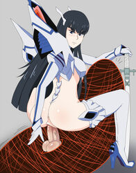 1boy 1girls anus armor ass bakuzan bikini_armor black_hair blue_eyes blush bondage bottomless female grey_background hair_ornament high_heels hourglass_figure junketsu katana kill_la_kill kiryuuin_satsuki life_fiber long_hair looking_down male penis planted_sword planted_weapon pussy restrained sandyrex sheathed simple_background squatting straight sword testicles thigh_boots thighhighs vaginal_penetration weapon