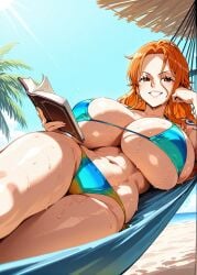 ai_generated alternate_ass_size alternate_body_type alternate_breast_size beach beautiful beauty bikini breasts clothed clothing female female_focus female_only gigantic_ass gigantic_breasts huge_ass huge_breasts hyper hyper_breasts hyper_butt large_ass large_breasts long_hair mommy nagiotoai nami_(one_piece) ocean one_piece open_eyes orange_eyes orange_hair sand solo solo_female solo_focus stretched_clothing sun sunlight tight_clothing tropical voluptuous voluptuous_body voluptuous_female water water_drop wet wet_body