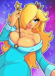 1girls 2d 2d_(artwork) 2d_artwork big_breasts big_hips big_titties blonde_female blonde_hair blue_dress blue_eyes breasts_bigger_than_head cleavage cleavage_overflow cleavage_storage curvaceous curvy curvy_female curvy_figure earings eyelashes eyeshadow hourglass_figure hourglass_figured_female huge_breasts large_breasts lipstick mario_(series) milf nintendo princess_rosalina roboticsteve rosalina seductive seductive_eyes seductive_female seductive_look seductive_smile space_background super_mario_bros. super_mario_galaxy thick_hips thick_lips thin_waist wand wand_on_breasts wide_hips