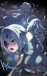 1boy ahoge ass blazblue blush bodysuit braid breasts breasts_out c_cspacec censored cum doggy_style eyepatch female from_above from_behind grabbing_another's_arm grabbing_another's_ass groping highres impossible_clothes long_hair mosaic_censoring motion_lines multiple_views nu-13 penis red_eyes sex sex_from_behind skin_tight steam straight torn_bodysuit torn_clothes vaginal_penetration white_hair