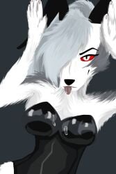 1girls anthro big_breasts black_bunnygirl_costume black_bunnysuit black_eyeliner black_eyeshadow bunnysuit canid canine female female_furry furmommy furry furry_wolf helluva_boss loona_(helluva_boss) red_eyes silver_hair wolf wolf_ears wolf_girl wolf_tail
