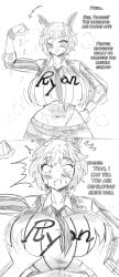 abs animal_ears big_breasts breast_grab breast_press breasts clothed comic comic_strip dialogue embarrassed female grayside hi_res huge_breasts large_breasts mejiro_ryan_(umamusume) muscular_female pov short_hair sketch steam sweat sweating text trainer_(umamusume) umamusume umamusume_pretty_derby wide_hips