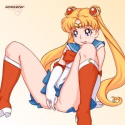 blonde_hair blue_eyes blue_skirt boots female female_only fingering gloves knee_boots masturbation miniskirt no_panties no_panties_under_skirt no_underwear no_underwear_(female) pussy_fingering pussy_fucking pussy_juice pussy_masturbation red_boots sailor_moon sitting skirt spread_legs tiara tongue tongue_out twintails uncensored upskirt usagi_tsukino wet_pussy