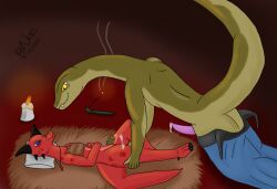 after_sex anthro bake_a_snake blue_eyes bodily_fluids bottomwear bottomwear_down burn_scar candlelight clothed clothed_sex clothing cum duo female genital_fluids green_body green_scales hand_on_belly hand_on_legs hay hi_res horn incense jewelry kobold light looking_at_another lying male male/female necklace on_back pants pants_down partially_clothed pillow red_background red_body red_scales reptile scales scalie scar sex simple_background smile smoke snake tail yellow_eyes
