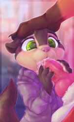 2018 absurd_res animal_genitalia animal_penis anthro canine canine_penis clothed clothing cum cum_in_mouth cum_inside dimwitdog disney duo faceless_male fellatio female green_eyes hand_on_head hi_res male mammal mrs._otterton mustelid nick_wilde oral otter penis pink_nose sex size_difference solo_focus straight tongue zootopia