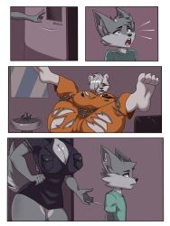 big_breasts bondage chains comic_page feet feet_up furry grey_fur jail mirror orange_clothing polar_bear police police_uniform restrained sink torn_clothes wolf wolf_girl yonooshi younger_male