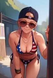 1girls 2024 ai_generated alternate_version_available american_flag_bikini aviator_sunglasses backwards_baseball_cap backwards_cap baseball_cap bent_over big_breasts bikini bikini_bottom bikini_top blonde_hair blue_eyes breasts cap cleavage collarbone female grand_theft_auto grand_theft_auto_vi hanging_breasts justtnp looking_at_viewer mud_girl_(gta_vi) outdoors outside smile smiling sunglasses sweat sweatdrop tinted_eyewear