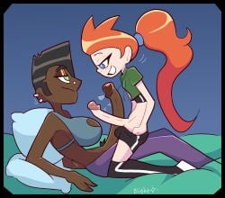 2futas blightstar blue_eyes cleavage_cutout clothing couple dark_skin ear_piercing emily_(blightstar) flat_chest flattop freckles freckles_on_ass freckles_on_face frottage futa_only futanari ginger girlfriends green_eyes jess_(blightstar) kneehighs kneeling large_breasts leaning_back light_skin loving_couple loving_gaze nose_piercing on_back on_bed original original_character pants_down penis_size_difference penises_touching piercing pillow ponytail pubes pulling_down_pants shorts_down smile tagme