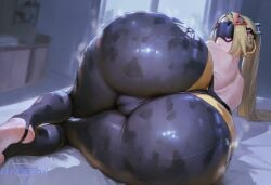 1girls ai_generated ass_focus big_ass cameltoe female indoors lying_on_side marshalperv on_bed pervmarshal shiny_skin solo_female thick_thighs toes trigger_(zenless_zone_zero) zenless_zone_zero