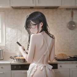 apron apron_only ass black_hair cooking glasses looking_at_viewer looking_back lylym naked original_character shy smile