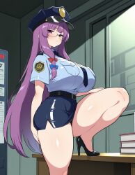 ai_generated female glasses hair_ribbon high_heels huge_breasts indoors large_breasts legs long_hair miniskirt mushisaur patchouli_knowledge police police_hat police_uniform purple_hair short_skirt solo thick thick_thighs tie touhou