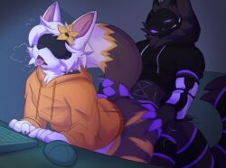 ass_grab fennec_fox hoodie male male/male male_focus male_only protogen sex sleepibytes smug_grin tail_grab tongue_out vr_headset