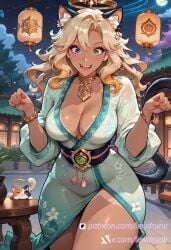 ai_generated anime blonde_hair cat_ears cat_tail dark-skinned_female dutch_angle excited female flowers garden genshin_impact gyaru halo heterochromia illustration jumping large_breasts lewdrune long_hair moonlight multiple_girls night outdoors starry_sky tan tanned_skin xilonen_(genshin_impact)